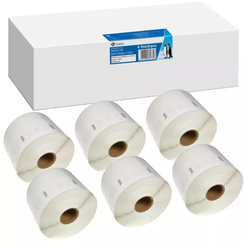 G&G suderinami etikečių ritiniai 32x57mm juoda ant baltos, 6 ritinių x 1000 etikečių, skirta Dymo 11354/S0722540