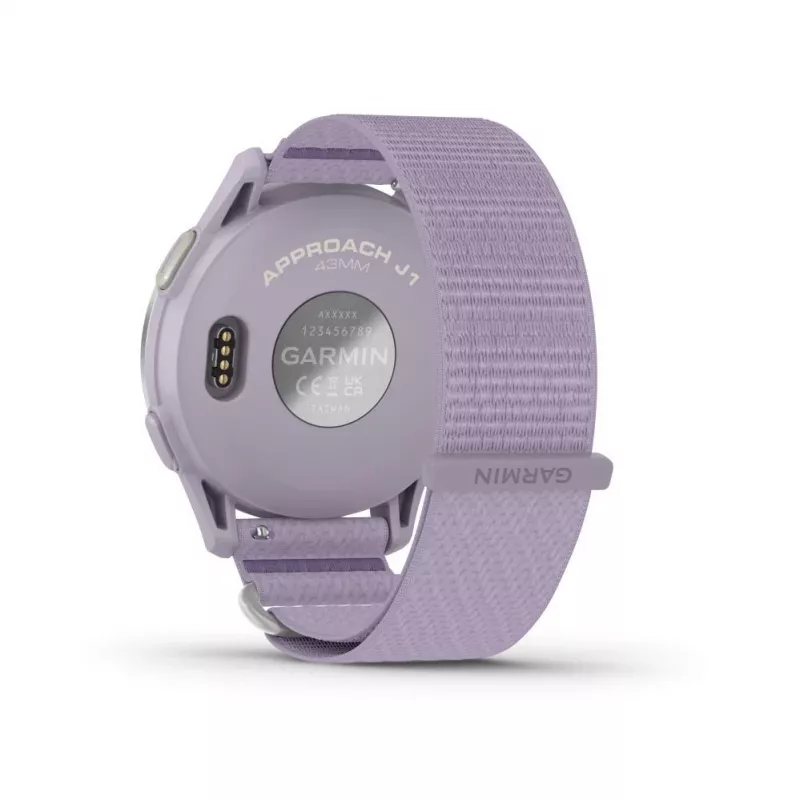 Garmin Approach J1 sidabrinis aliuminio apvadas su alyvine „ComfortFit“ audinio juostele