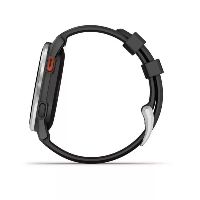 Garmin Approach S44 sidabrinis aliuminio apvadas su juodu silikoniniu dirželiu