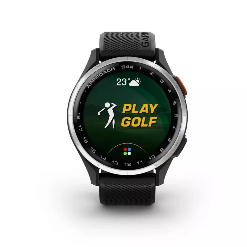 Garmin Approach S44 sidabrinis aliuminio apvadas su juodu silikoniniu dirželiu