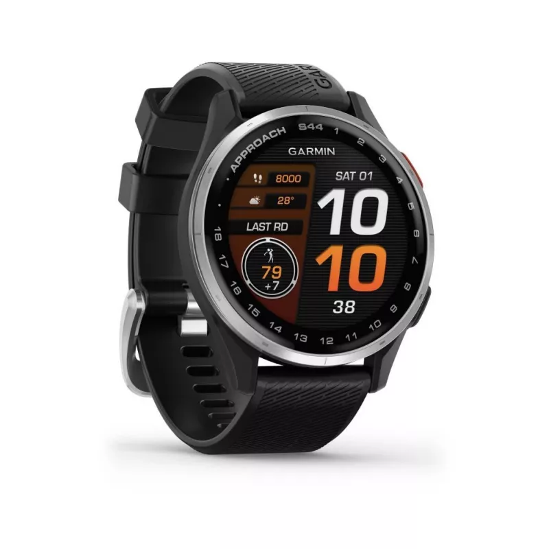 Garmin Approach S44 sidabrinis aliuminio apvadas su juodu silikoniniu dirželiu