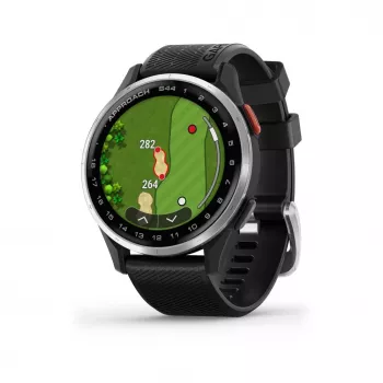 Garmin Approach S44 sidabrinis aliuminio apvadas su juodu silikoniniu dirželiu