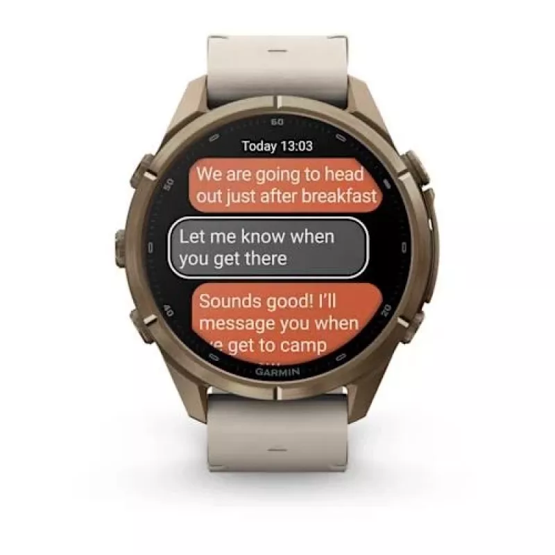 Garmin Fenix 9 Pro – inReach, 43 mm Autumn Gold titano su Cream/French Grey silikoniniu dirželiu