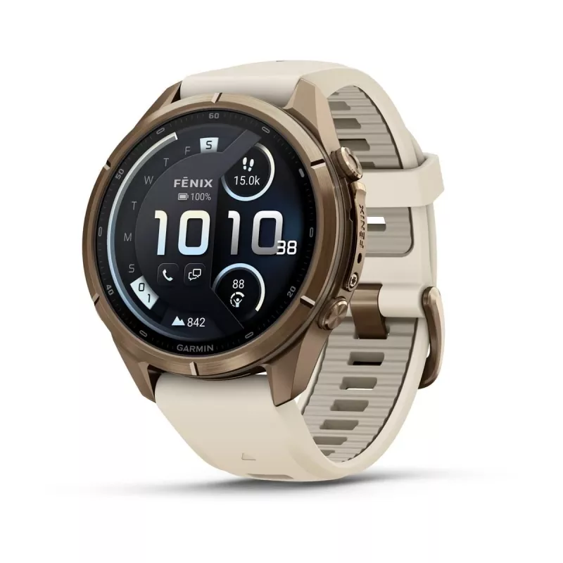 Garmin Fenix 9 Pro – inReach, 43 mm Autumn Gold titano su Cream/French Grey silikoniniu dirželiu