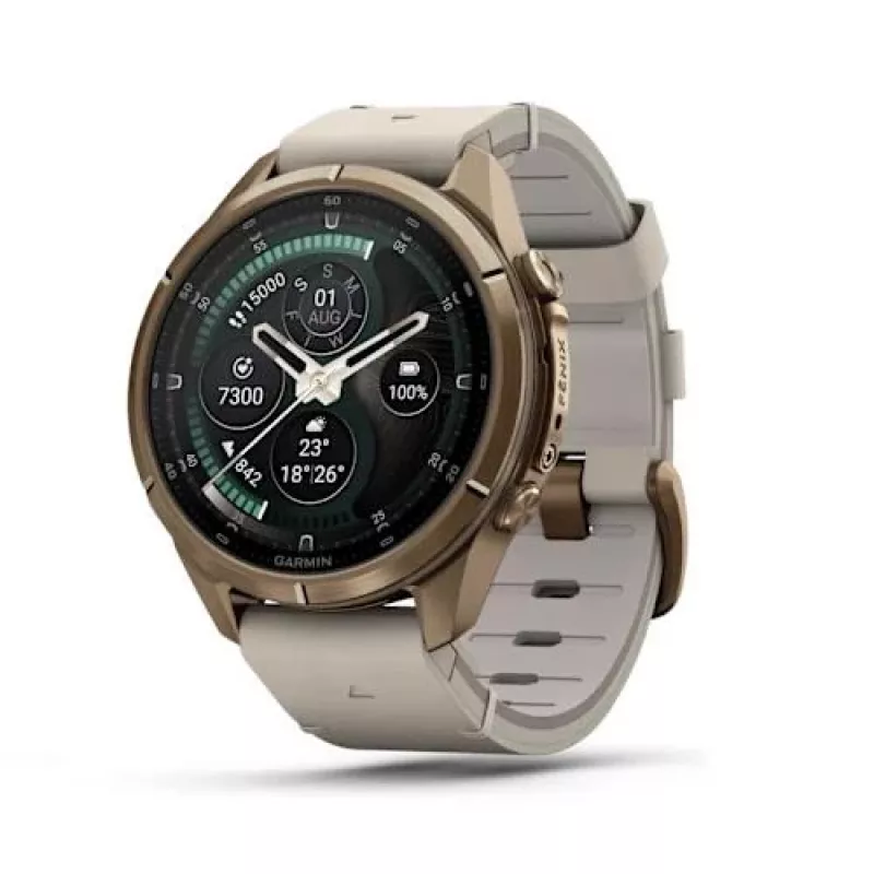 Garmin Fenix 9 Pro – inReach, 43 mm Autumn Gold titano su Cream/French Grey silikoniniu dirželiu