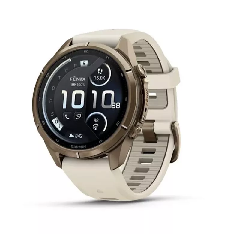 Garmin Fenix 9 Pro – inReach, 43 mm Autumn Gold titano su Cream/French Grey silikoniniu dirželiu
