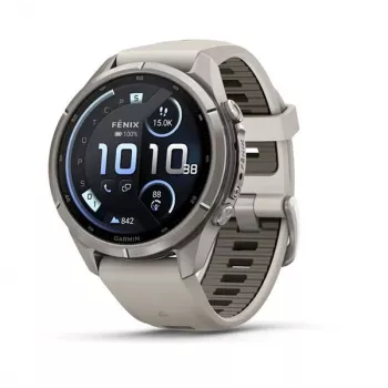 Garmin Fenix 9 Pro – inReach, 43mm Titanium su Fog Grey/Dark Sandstone silikoniniu dirželiu