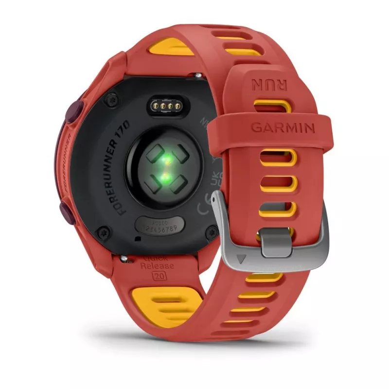 Garmin Forerunner 170 Music GPS bėgimo laikrodis, uogų spalvos korpusas su raudonai rožiniu/mango dirželiu