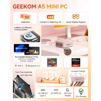 GEEKOM A5 Mini PC, AMD Ryzen 7 5800H, 32GB DDR4, 512GB SSD, Windows 11 Pro, šampanas