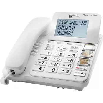 Geemarc CL595 Laidinis Senjorų Telefonas su Atsiliepimo Aparatu, Laisvų Rankų Funkcija, Vizualiniu Skambučio Indikatoriumi, Pritaikytas Klausos Aparatams, Avariniu Pakabuku, Baltas