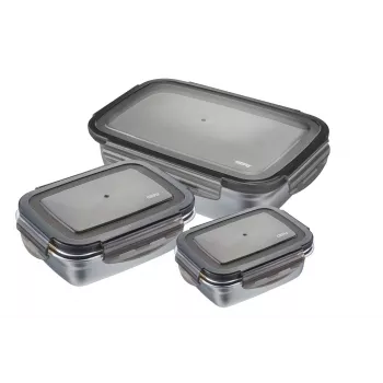 GEFU Preppo 3 vienetų prieskonių indų rinkinys, nerūdijantis plienas ir stiklas, po 100 ml, hermetiški, sukraunami, sidabriniai / permatomi