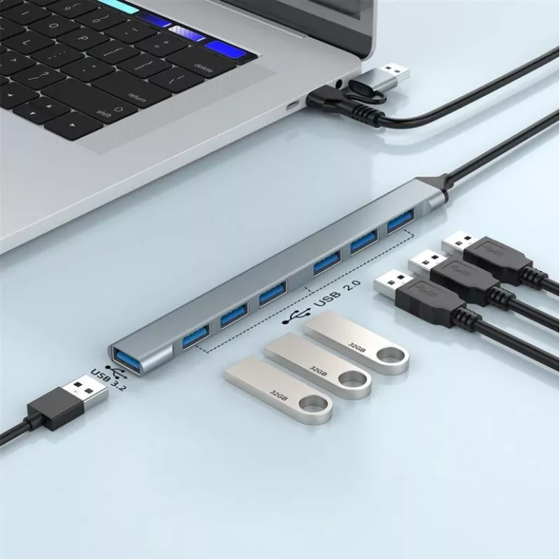 Gembird 7 prievadų USB 3.2 Gen 2 šakotuvas - 6x USB-A 2.0 + 1x USB-A 3.2, sidabrinis