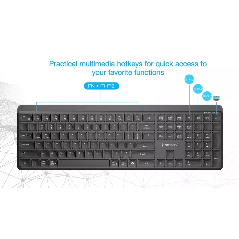 Gembird KB-WPS-03 dviejų režimų profesionalus plonas belaidis klaviatūra, 2.4G + Bluetooth, US išdėstymas, juoda