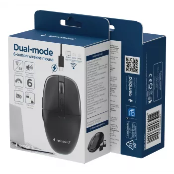 Gembird MUSW2-6B-01 dviejų režimų belaidė pelė, 2.4 GHz + Bluetooth 5.0, 1600 DPI, 6 mygtukai, juoda