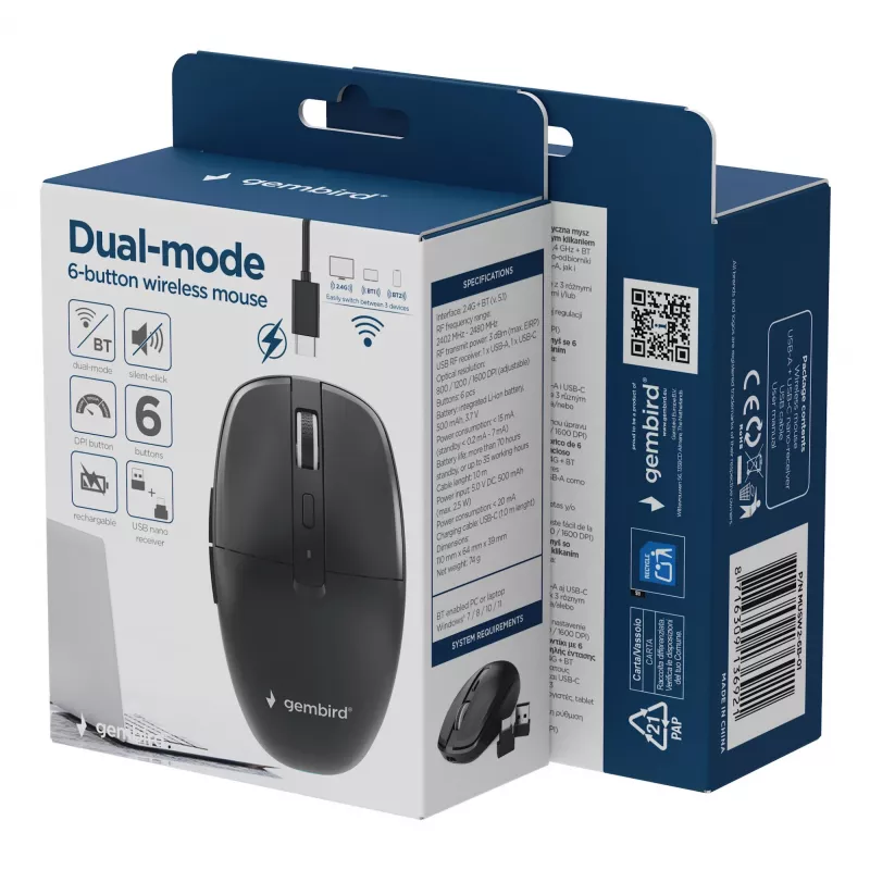 Gembird MUSW2-6B-01 dviejų režimų belaidė pelė, 2.4 GHz + Bluetooth 5.0, 1600 DPI, 6 mygtukai, juoda