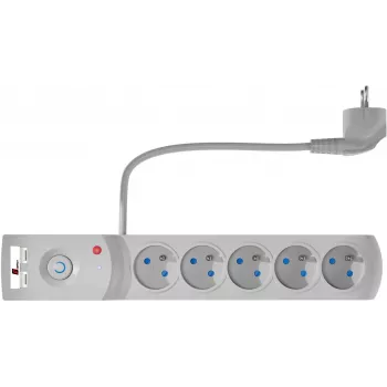 GETFORT 5 lizdų apsaugos nuo viršįtampio ilgintuvas su 2 USB įkrovimo prievadais, 5 m kabeliu, pilkas