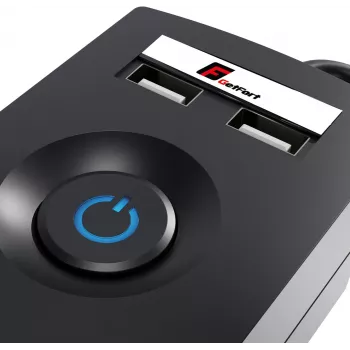 GETFORT 5P-3M-B-USB apsauginis nuo viršįtampių prailgintuvas, 5 kintamosios srovės lizdai, 2 USB-A prievadai, 3 m kabelis, juodas