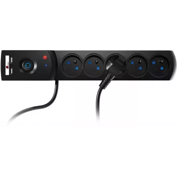 GETFORT 5P-3M-B-USB apsauginis nuo viršįtampių prailgintuvas, 5 kintamosios srovės lizdai, 2 USB-A prievadai, 3 m kabelis, juodas