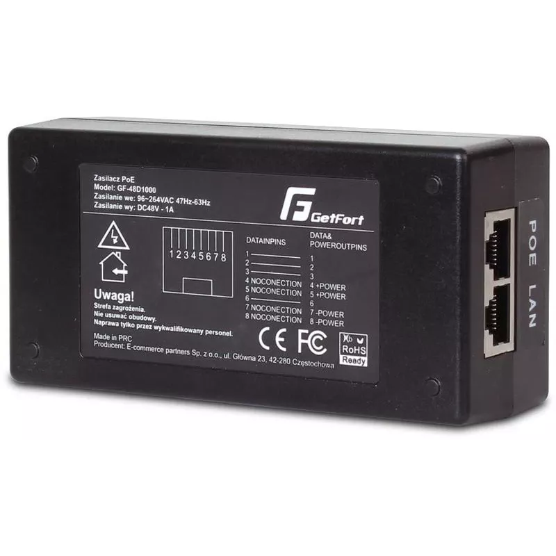 GETFORT GF-48D1000 48W pasyvus PoE injektorius adapteris, 100-240V AC į 48V DC, 10/100 Mbps, 2x RJ45, suderinamas su IEEE 802.3af/at