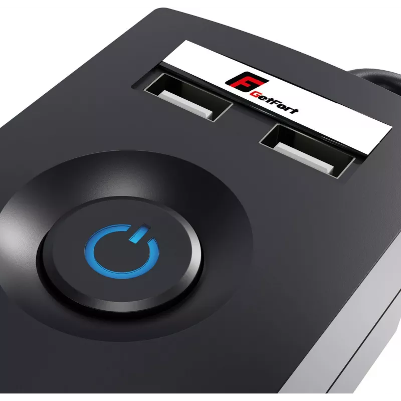 GETFORT įtampos apsaugos ilgintuvas 5P-1.5M-B-USB, 5 lizdų, 2 USB, 1,5 m, juodas