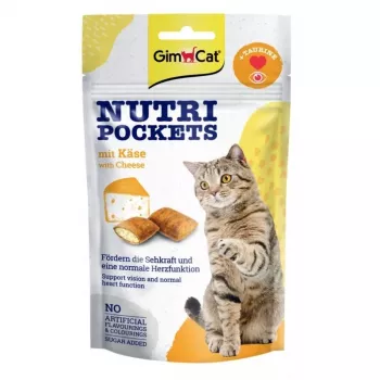 GimCat Nutri Pockets with Cheese 60g – Traškūs kačių skanėstai su kreminiu sūrio įdaru, praturtinti vitaminais ir taurinu