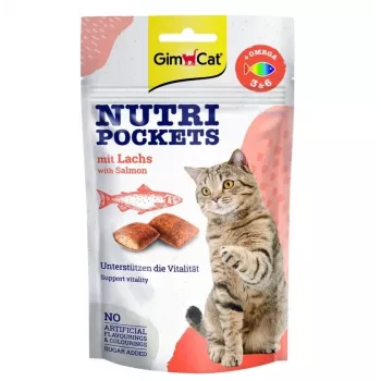 GimCat Nutri Pockets su lašiša 60g – traškūs kačių skanėstai su kreminiu lašišos įdaru