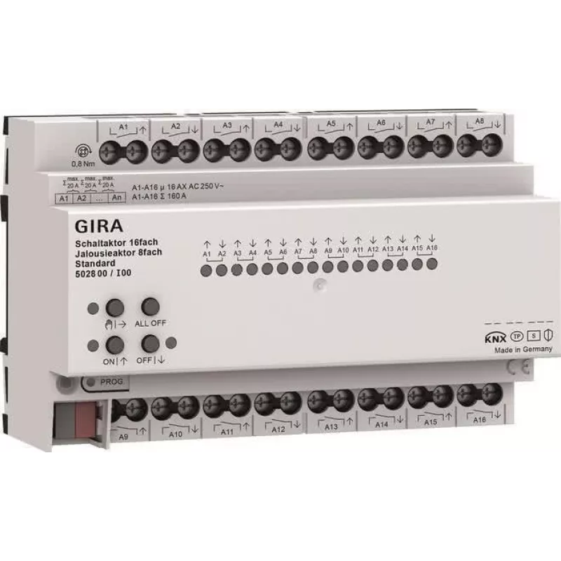 Gira KNX perjungimo ir žaliuzių/užuolaidų pavara 16/8 kartų 16 A REG Plus su KNX Secure 502800