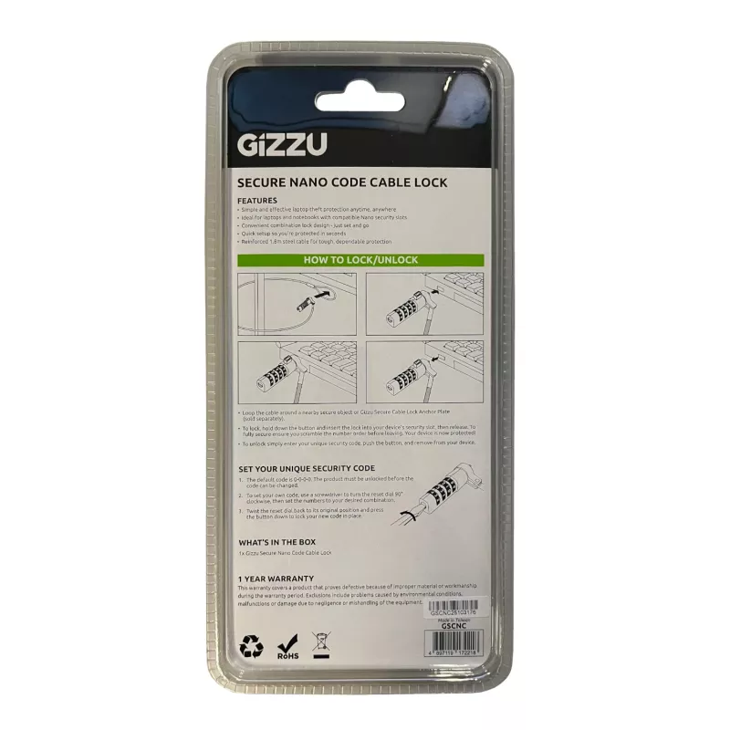GIZZU 1,8 m Nano kombinacinės spynos apsauginis kabelis - 4 skaitmenų, perrenkamas kodas, pintas plienas, skirtas Kensington Nano lizdo įrenginiams (juoda/sidabrinė)
