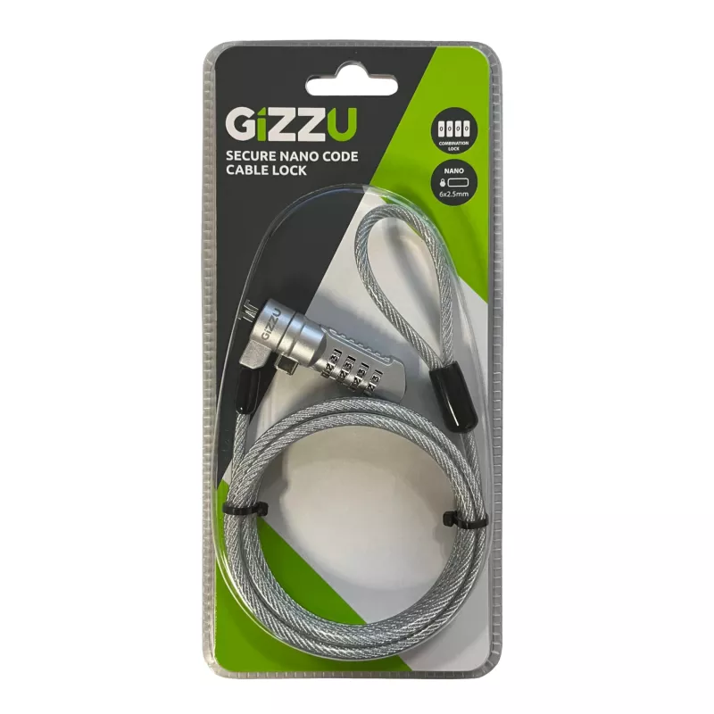 GIZZU 1,8 m Nano kombinacinės spynos apsauginis kabelis - 4 skaitmenų, perrenkamas kodas, pintas plienas, skirtas Kensington Nano lizdo įrenginiams (juoda/sidabrinė)