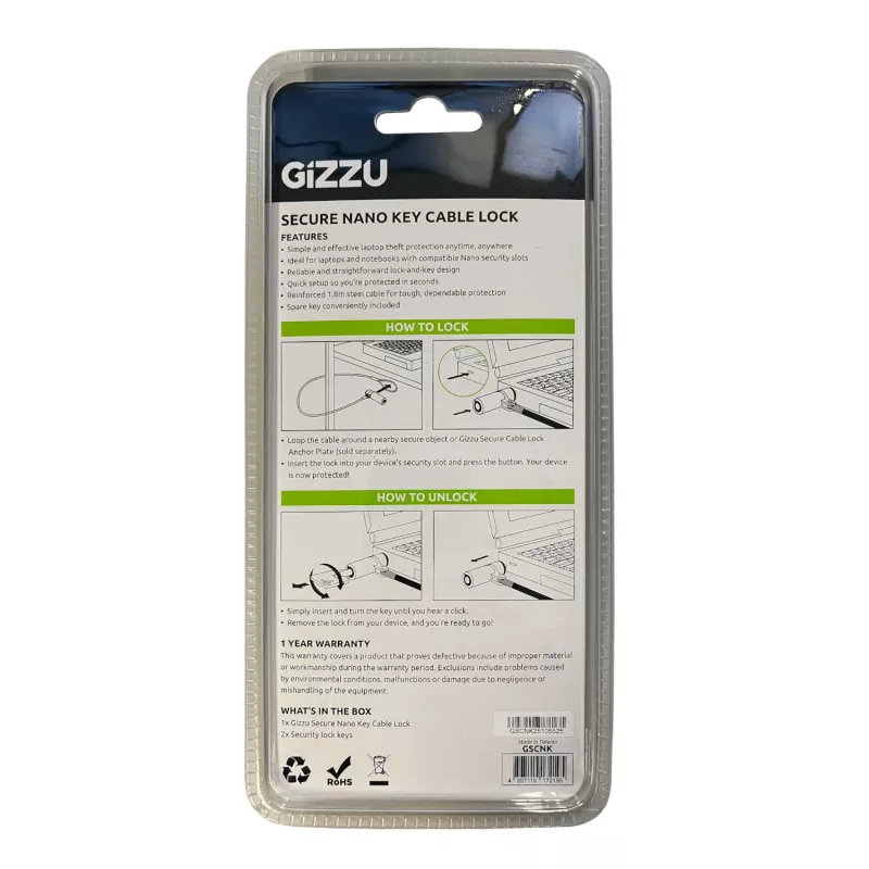 GIZZU 1,8 m Nano raktinė apsauginė grandinė su raktu - juoda