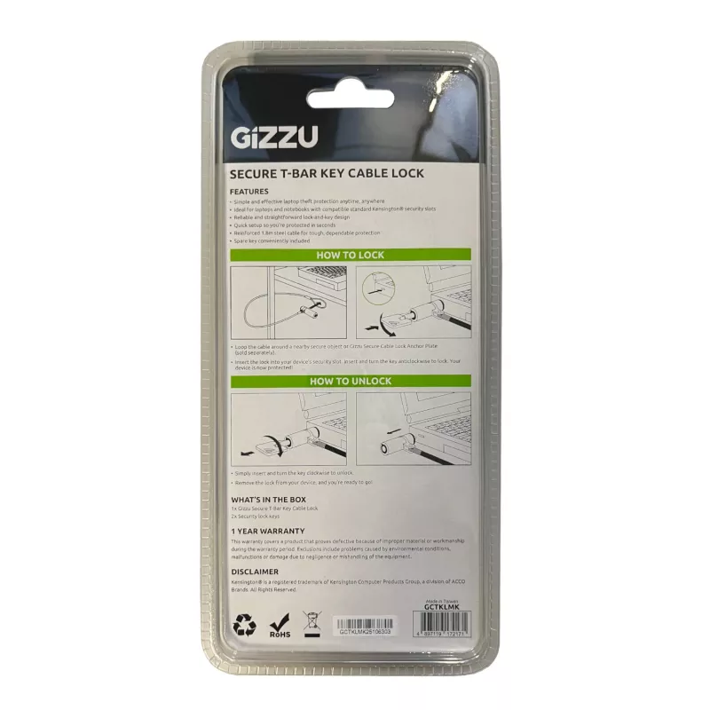 GIZZU 1,8 m T-Bar nešiojamojo kompiuterio kabelio spyna su pagrindiniu raktu - raktinė apsaugos kabelis Kensington lizdui, pintas plienas, juoda