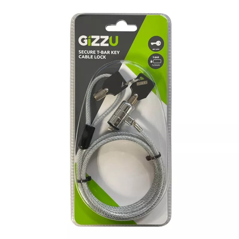 GIZZU 1,8 m T-Bar nešiojamojo kompiuterio kabelio spyna su pagrindiniu raktu - raktinė apsaugos kabelis Kensington lizdui, pintas plienas, juoda