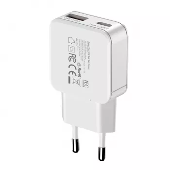 Gizzu 2 prievadų 20W GaN sieninis įkroviklis USB-C PD 3.0 + USB-A QC 3.0 greito įkrovimo adapteris - baltas