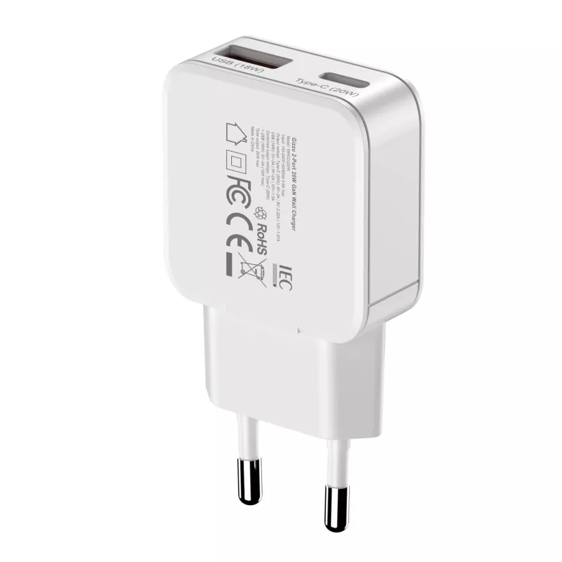 Gizzu 2 prievadų 20W GaN sieninis įkroviklis USB-C PD 3.0 + USB-A QC 3.0 greito įkrovimo adapteris - baltas