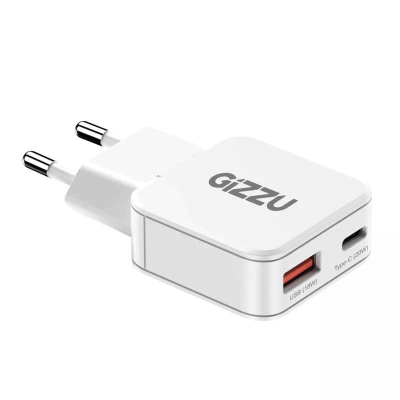 Gizzu 2 prievadų 20W GaN sieninis įkroviklis USB-C PD 3.0 + USB-A QC 3.0 greito įkrovimo adapteris - baltas