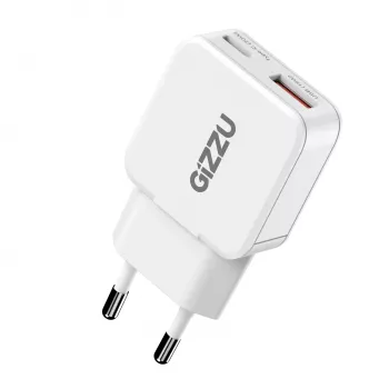 Gizzu 2 prievadų 20W GaN sieninis įkroviklis USB-C PD 3.0 + USB-A QC 3.0 greito įkrovimo adapteris - baltas