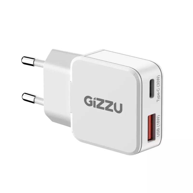 Gizzu 2 prievadų 30W GaN sieninis įkroviklis USB-C PD + USB-A QC baltas