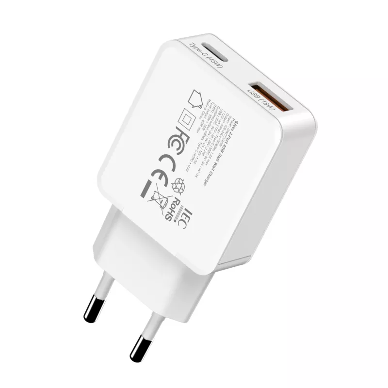 Gizzu 2 prievadų 45W GaN sieninis įkroviklis USB-C PD ir USB-A QC baltas