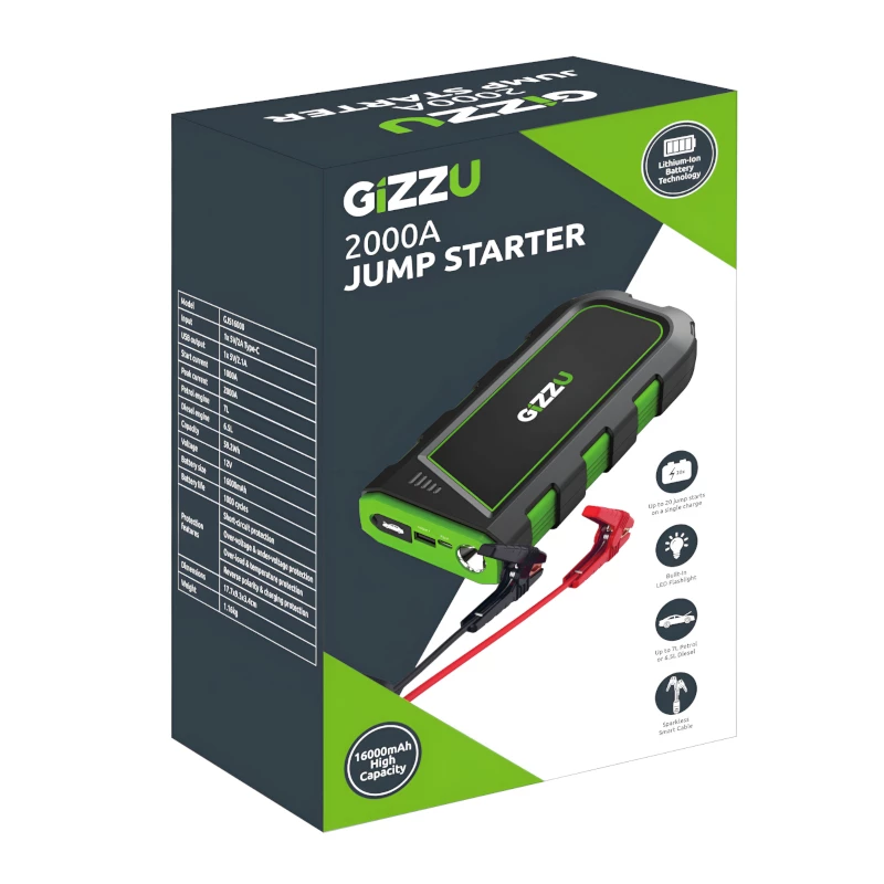GIZZU 2000A užvedimo įrenginys 16000mAh - juoda