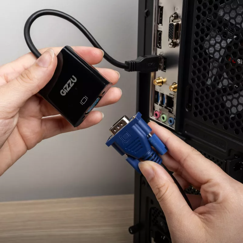 Gizzu USB 3.0 į VGA adapteris – Full HD 1080p išorinis vaizdo keitiklis, USB-A kištukas į VGA lizdą, maitinamas iš USB, juodos spalvos