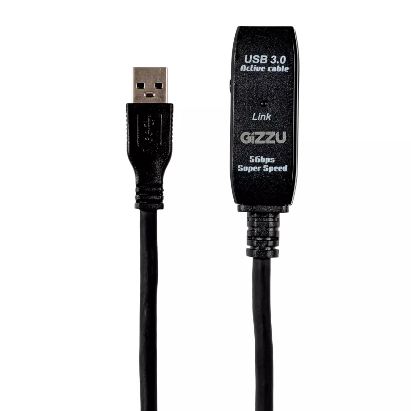 Gizzu USB3.0 Active Extension Cable 10m – 5Gbps SuperSpeed Repeater Cable with Signal Booster, USB-A Male to Female, Bus-Powered with Optional DC Port, Black