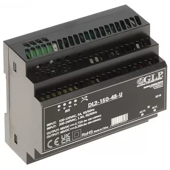 GLP perjungiamas maitinimo šaltinis DL2-150-48-U - 150W 48V DC DIN bėgelis, aktyvus PFC, didelis efektyvumas