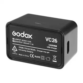 Godox VC26 USB-C įkroviklis, skirtas V1 ir V860III blykstės baterijoms – 5V/2A įvestis, 8.4V/1A išvestis, LED indikatorius, komplekte USB-A į USB-C laidas
