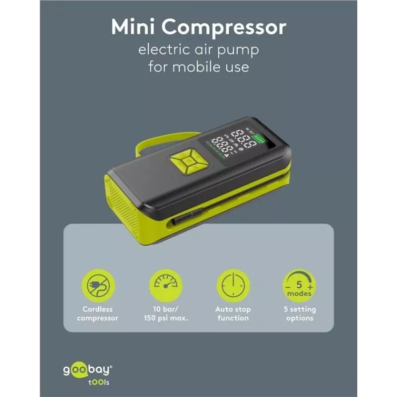 Goobay Tools belaidis oro kompresorius su skaitmeniniu ekranu, 10,3 bar, USB-C įkrovimas, LED apšvietimas, 2000 mAh ličio jonų baterija, komplekte adapteriai ir laikymo krepšys 77827