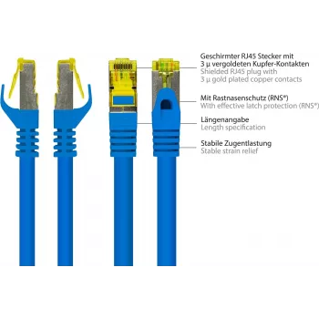 GoodConnections Cat.7 S/FTP RJ45 tinklo kabelis, 15 m, mėlynas, be halogenų, 600 MHz, su fiksatoriaus apsauga 8070R-150B
