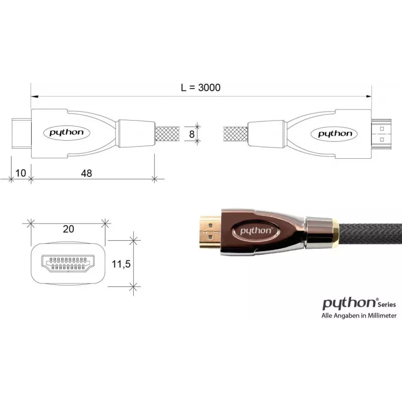 GoodConnections PYTHON serijos didelės spartos HDMI kabelis su eternetu, 4K UHD 60Hz, 18Gbps, auksuoti kontaktai, nailono pynimas, 3m, juodas (GC-M0018)