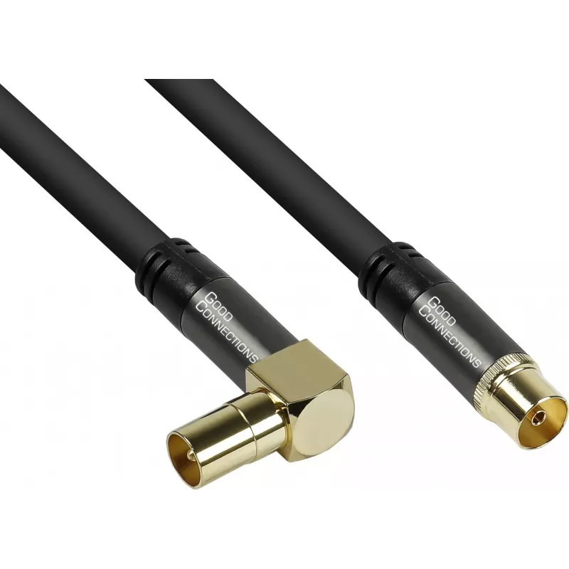 GoodConnections SAT antenos kabelis SmartFLEX, IEC/Coax kampinis kištukas į lizdą, auksuotas, keturgubai ekranuotas, 120dB ekranavimas, juodas, 15m (GC-M2078)