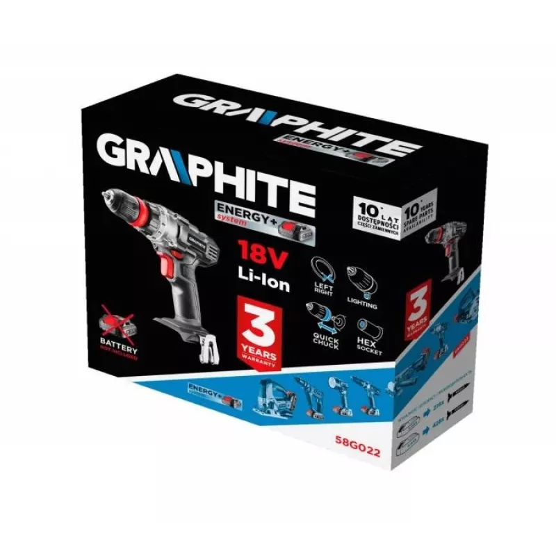 GRAPHITE 58G022 Energy+ 18V belaidis gręžtuvas-suktuvas 1250 aps./min.