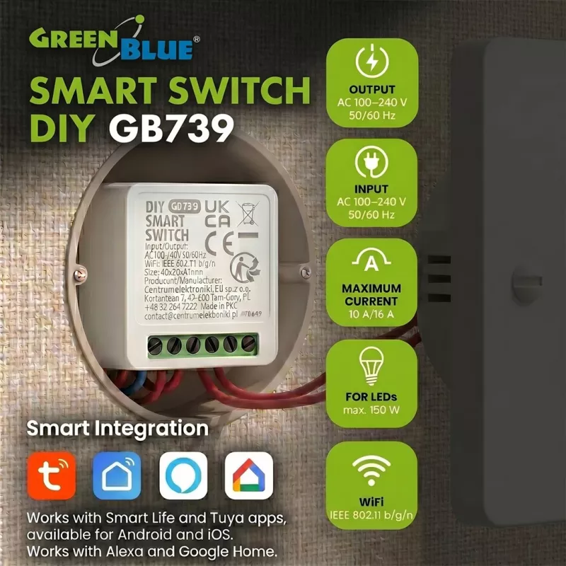 GREENBLUE įleidžiama Wi-Fi valdymo relė GB739