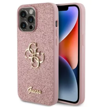 GUESS Apple iPhone 15 Pro Max fiksuotas blizgučių 4G metalo logotipo dėklas rožinis